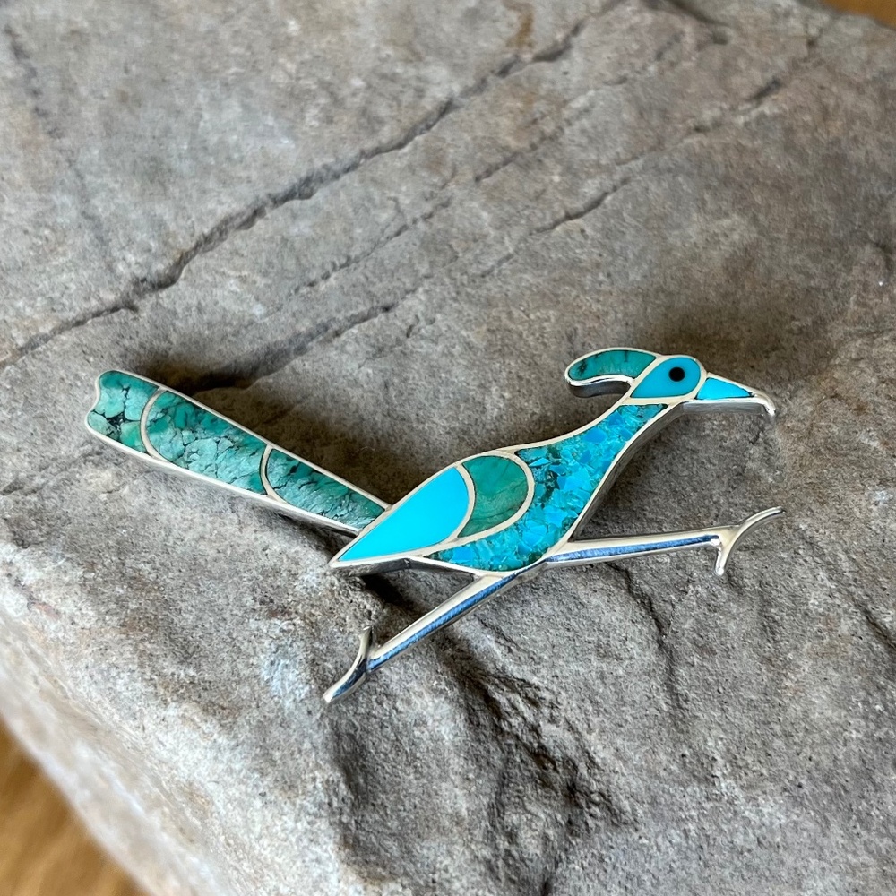 Gorgeous Turquoise Sterling Silver Inlay Roadrunner Brooch Pin Native American